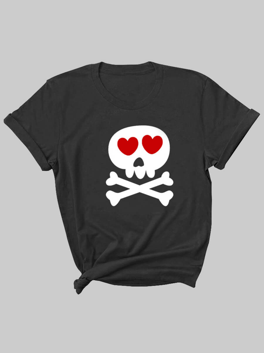 

Lovely Casual O Neck Skeleton Print Black Plus Size T-shirt