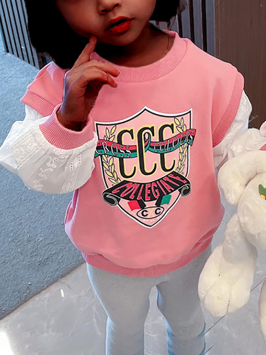 

Lovely Casual O Neck Letter Print Patchwork Pink Girl Hoodie