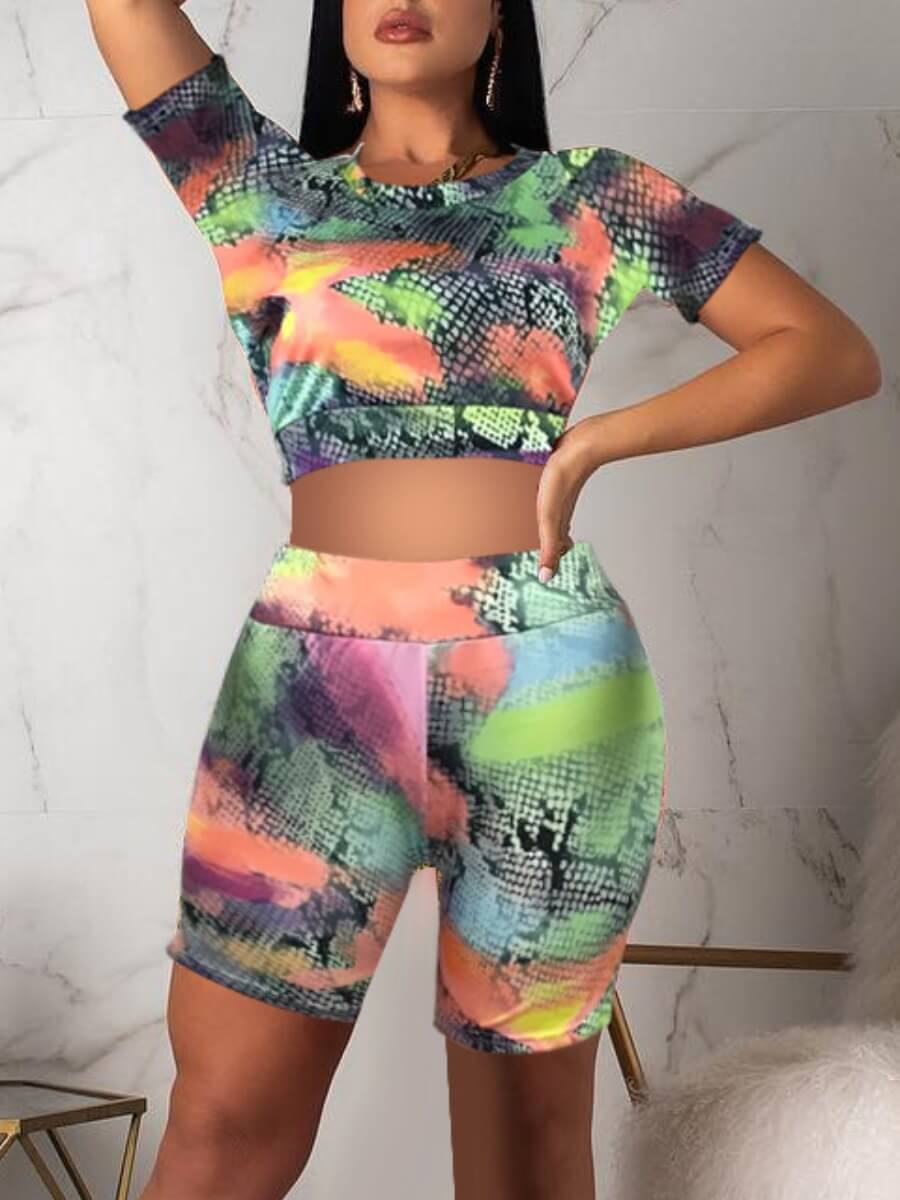 

Lovely Casual O Neck Cobra Print Multicolor Two Piece Shorts Set, Multi