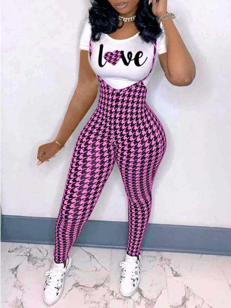

LW Casual O Neck Plaid Letter Print Pink Two Piece Pants Set