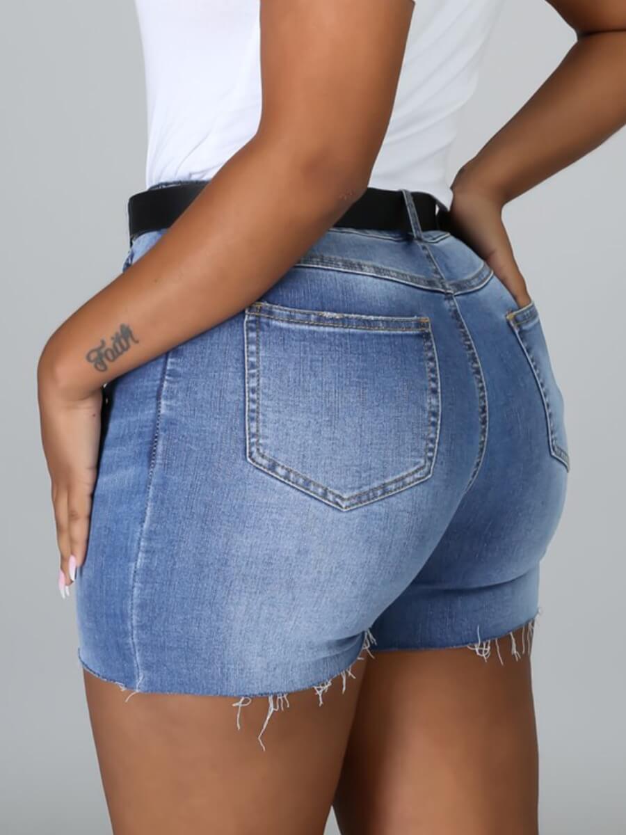 

Lovely Casual Mid Waist Raw Edge Blue Plus Size Denim Shorts
