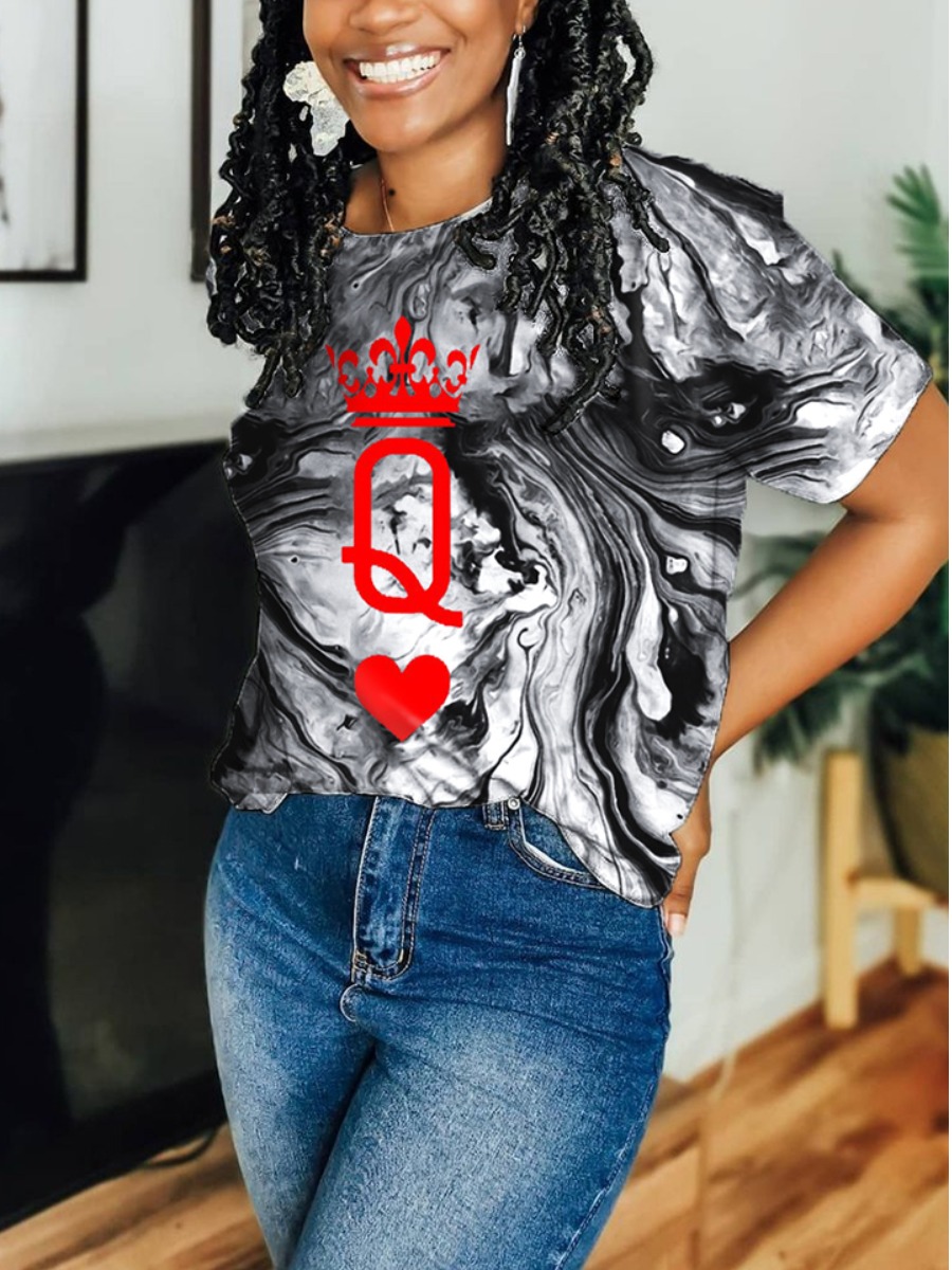 

LW Casual O Neck Marble Letter Print Red T-shirt