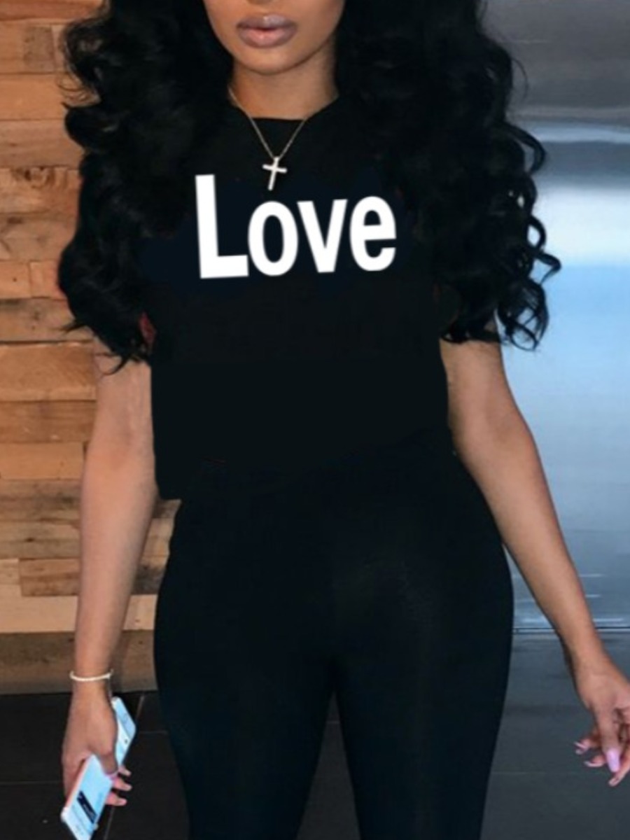 LW Trendy Valentines Day Letter Print Black T-shirt
