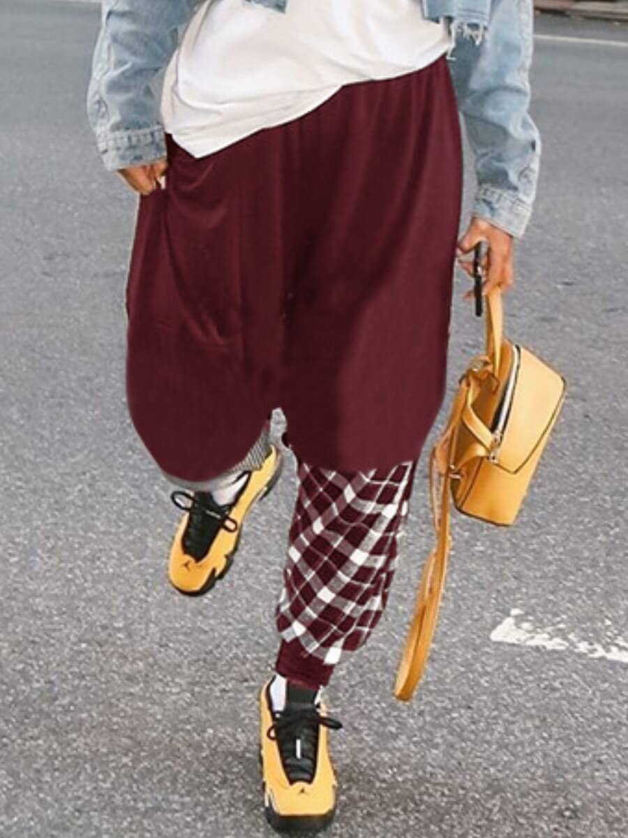 

Lovely Casual Plaid Print Patchwork Loose Red Plus Size Pants