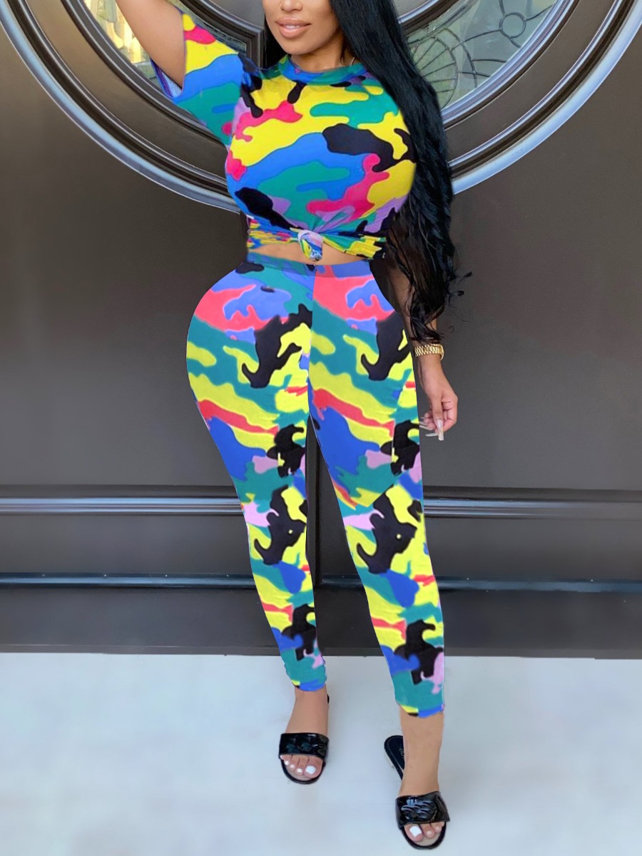 

Lovely Casual O Neck Camo Print Blue Two Piece Pants Set