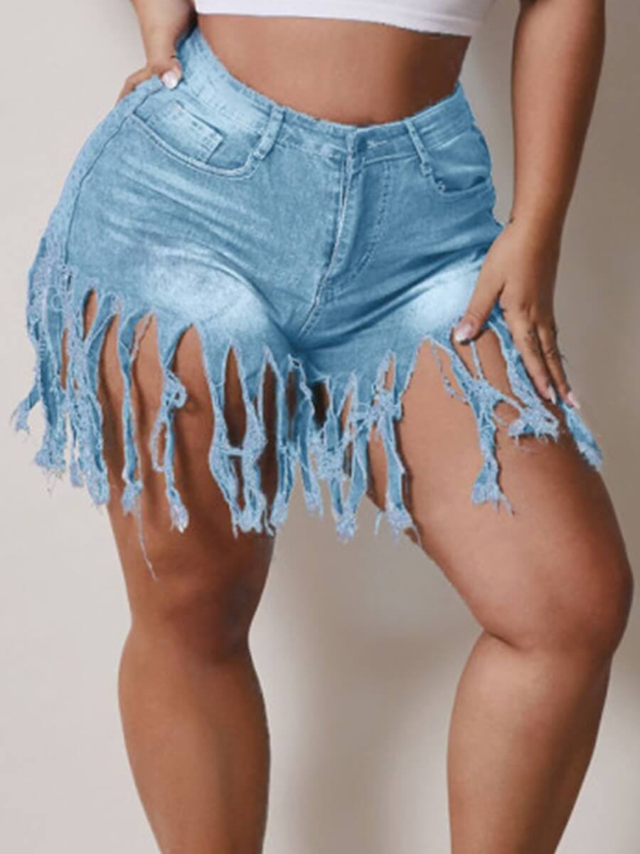 

Lovely Stylish High Waist Tassel Design Baby Blue Plus Size Denim Shorts