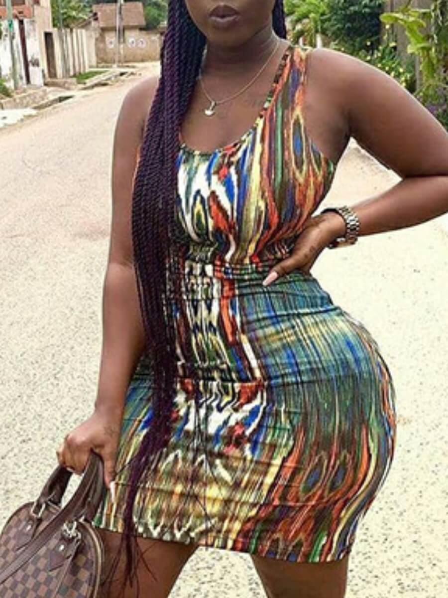 

Lovely Street U Neck Graffiti Print Hollow-out Multicolor Mini Dress, Multi