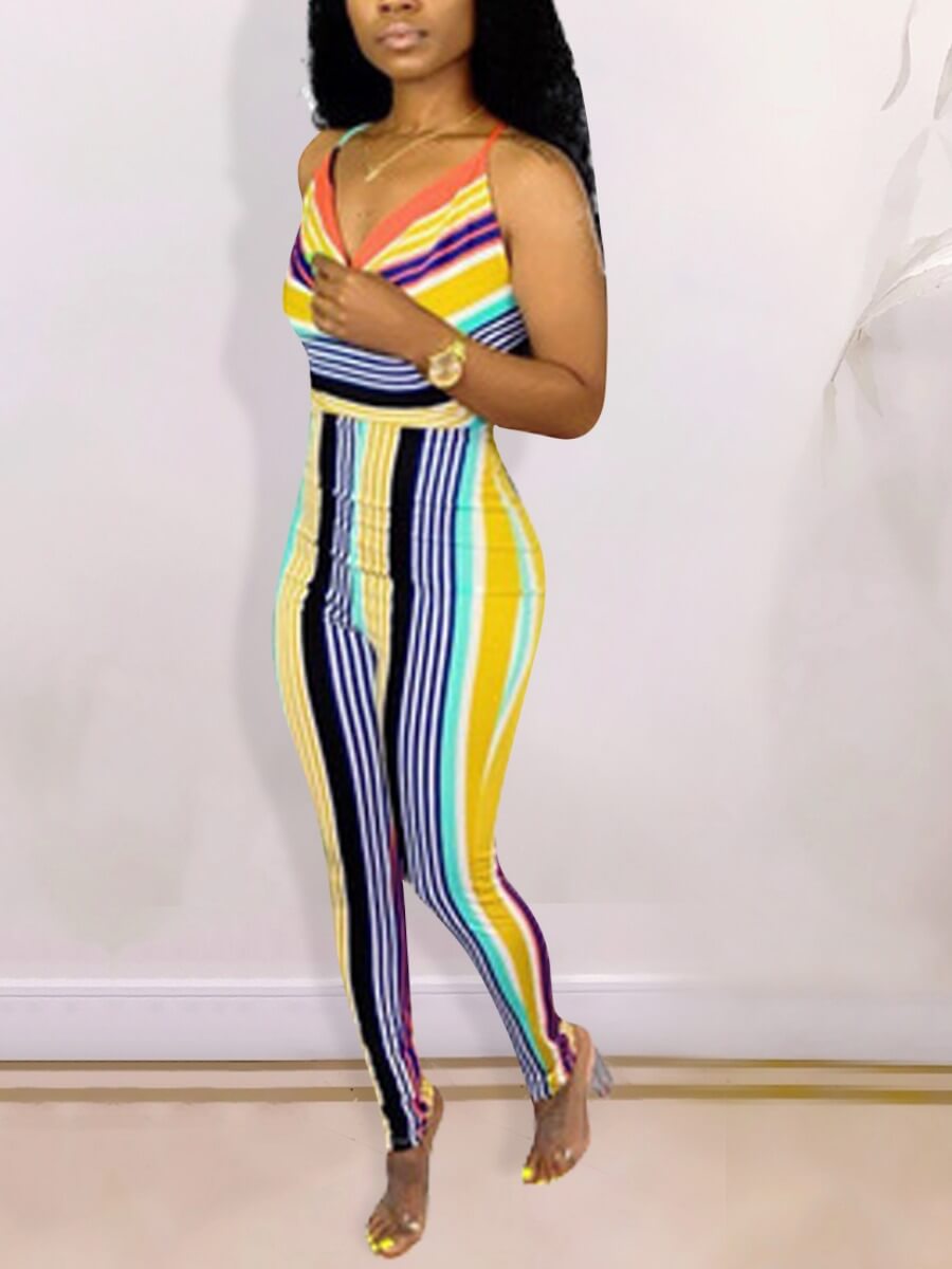 

Lovely Casual Backless Bandage Design Striped Black One-piece Jumpsuit
