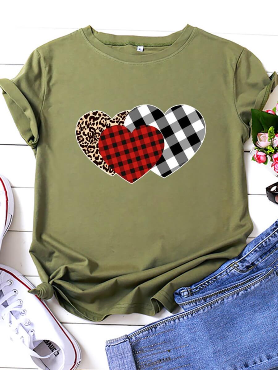 

Lovely Plus Size Casual O Neck Heart-shaped Print Army Green T-shirt