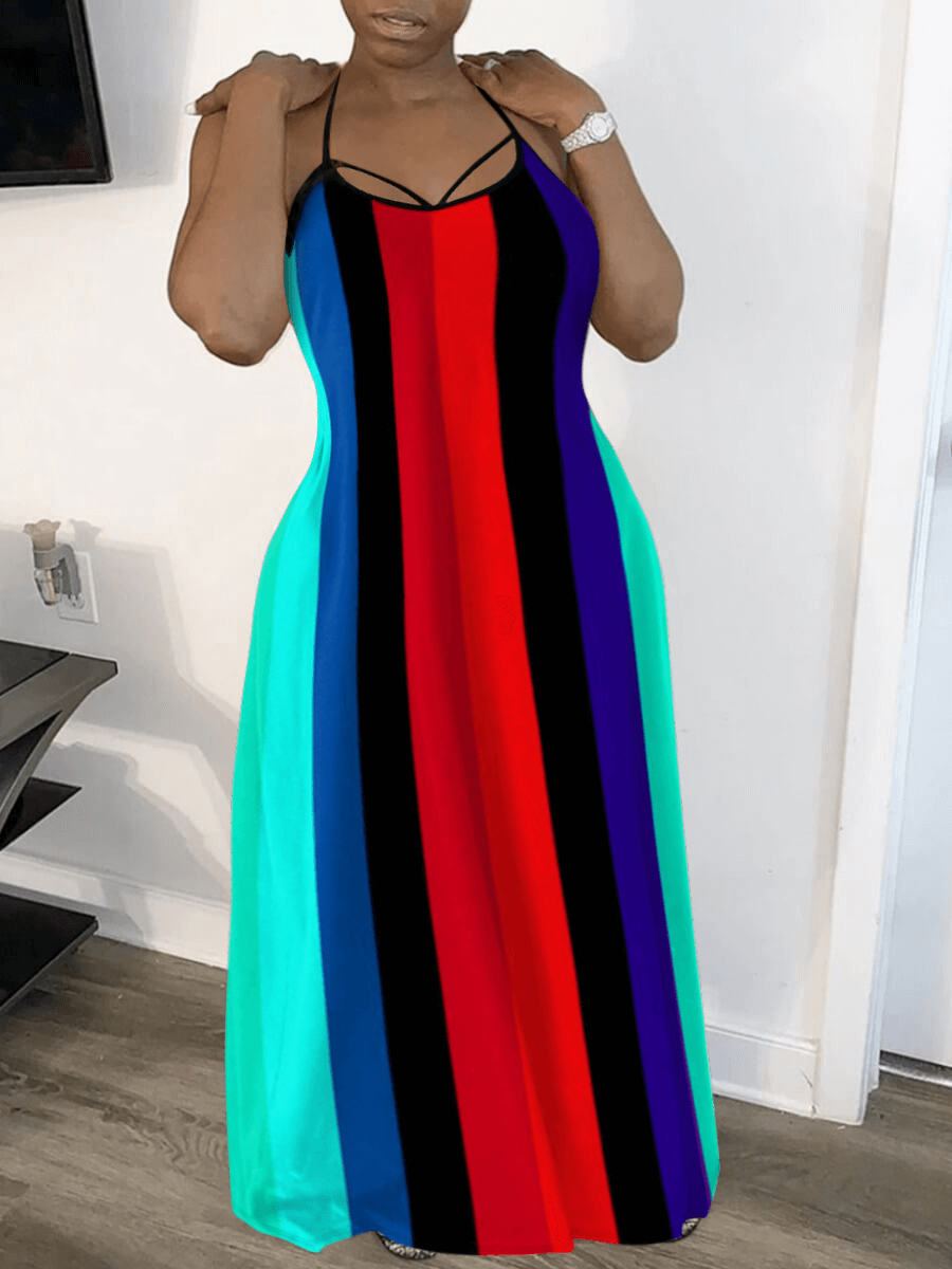 

Lovely Casual V Neck Hollow-out Striped Multicolor Floor Length Dress, Multi