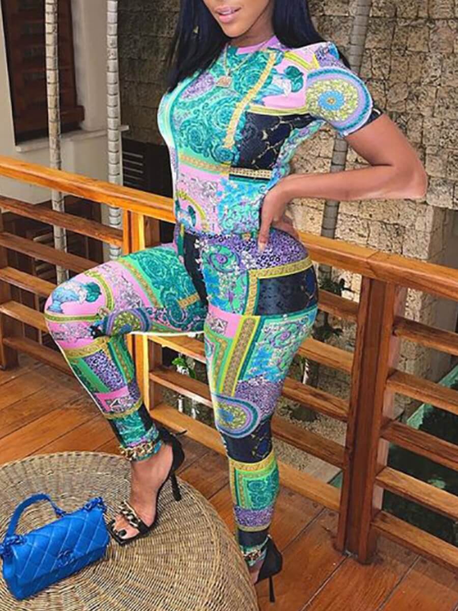 

Lovely Stylish Paisley Print Patchwork Pink Two Piece Pants Set