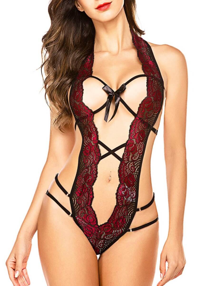 

Lovely Sexy Lace Bandage Hollow-out Design Red Teddies