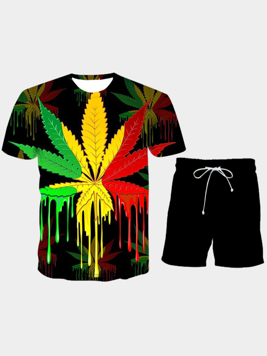 

LW Men Casual O Neck Leaf Print Black Two Piece Shorts Set