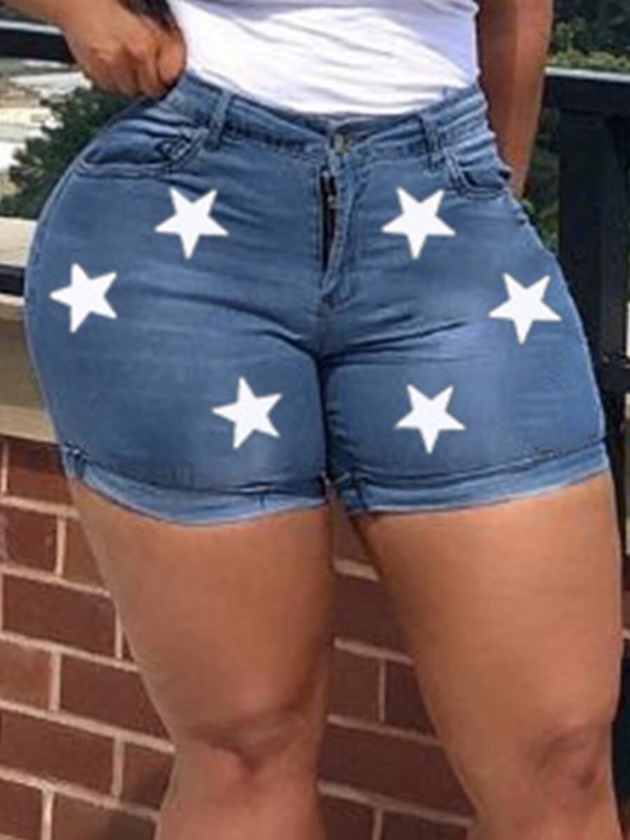 

Lovely Casual High-waisted Star Print Blue Plus Size Denim Shorts
