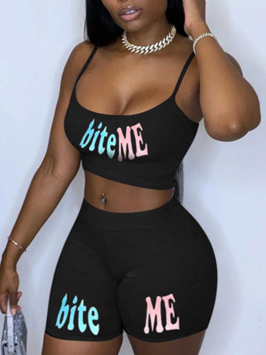 

Lovely Casual Letter Print Skinny Pitch-black Plus Size Two-piece Shorts Set