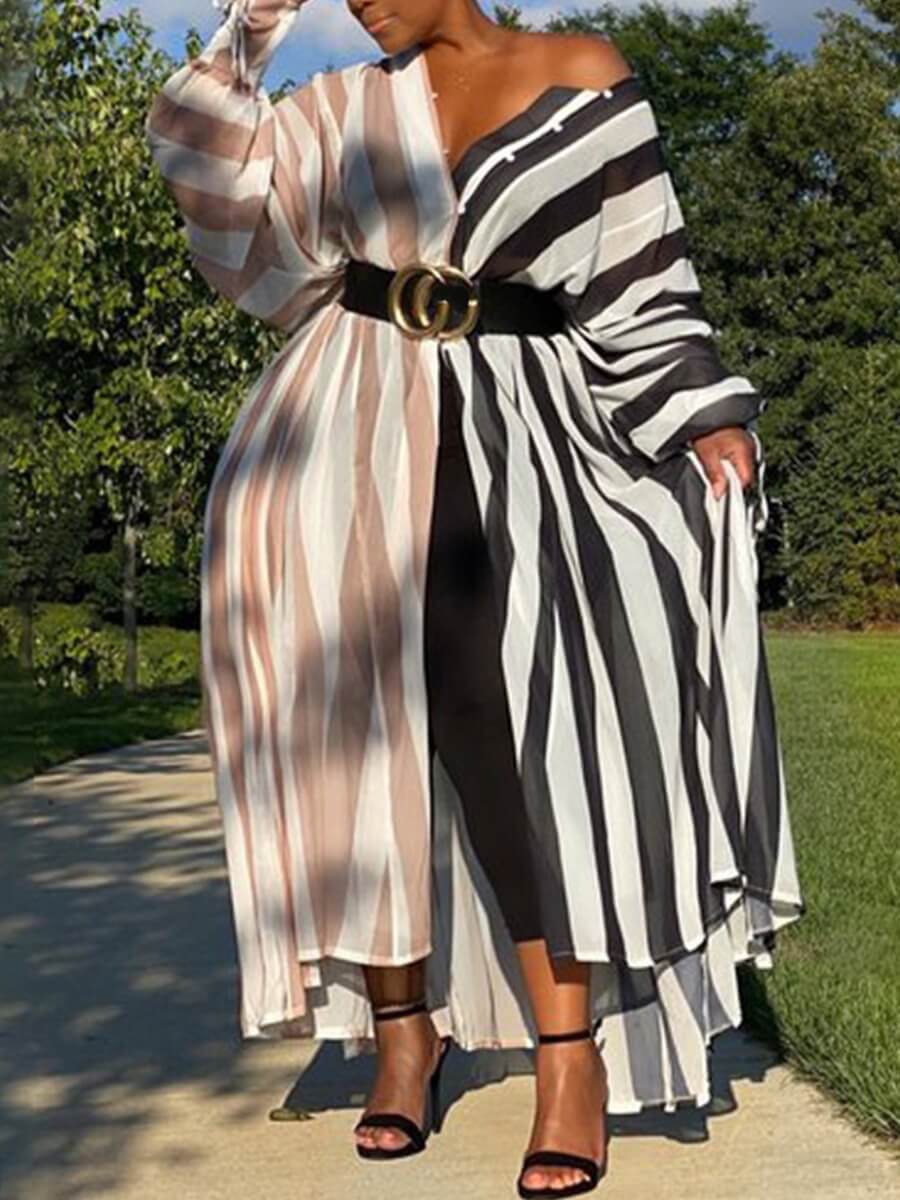 

Lovely Casual Striped Patchwork Black Floor Length A Line Plus Size Dress