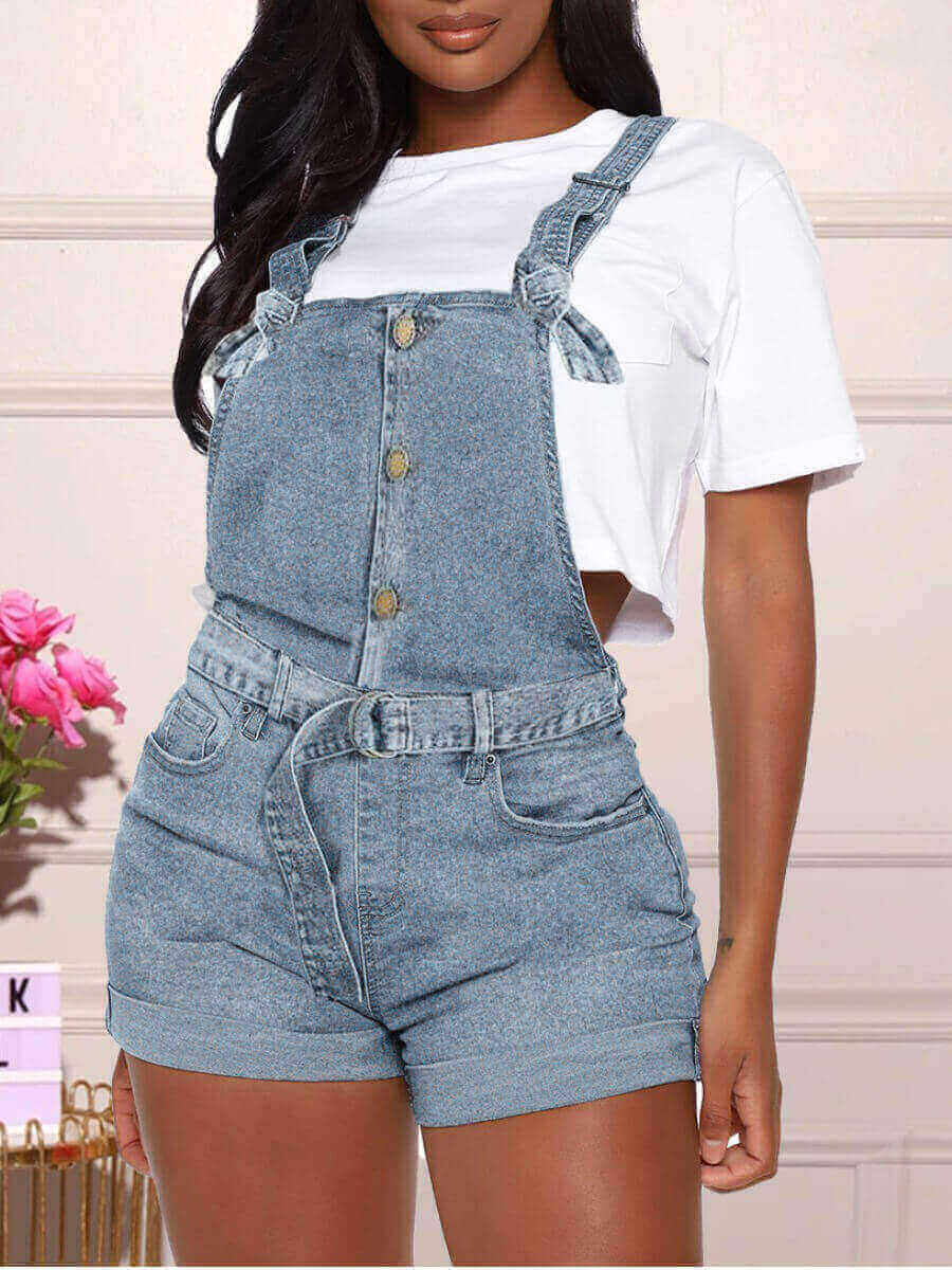 

LW Casual Button Bandage Design Blue Denim One-piece Romper
