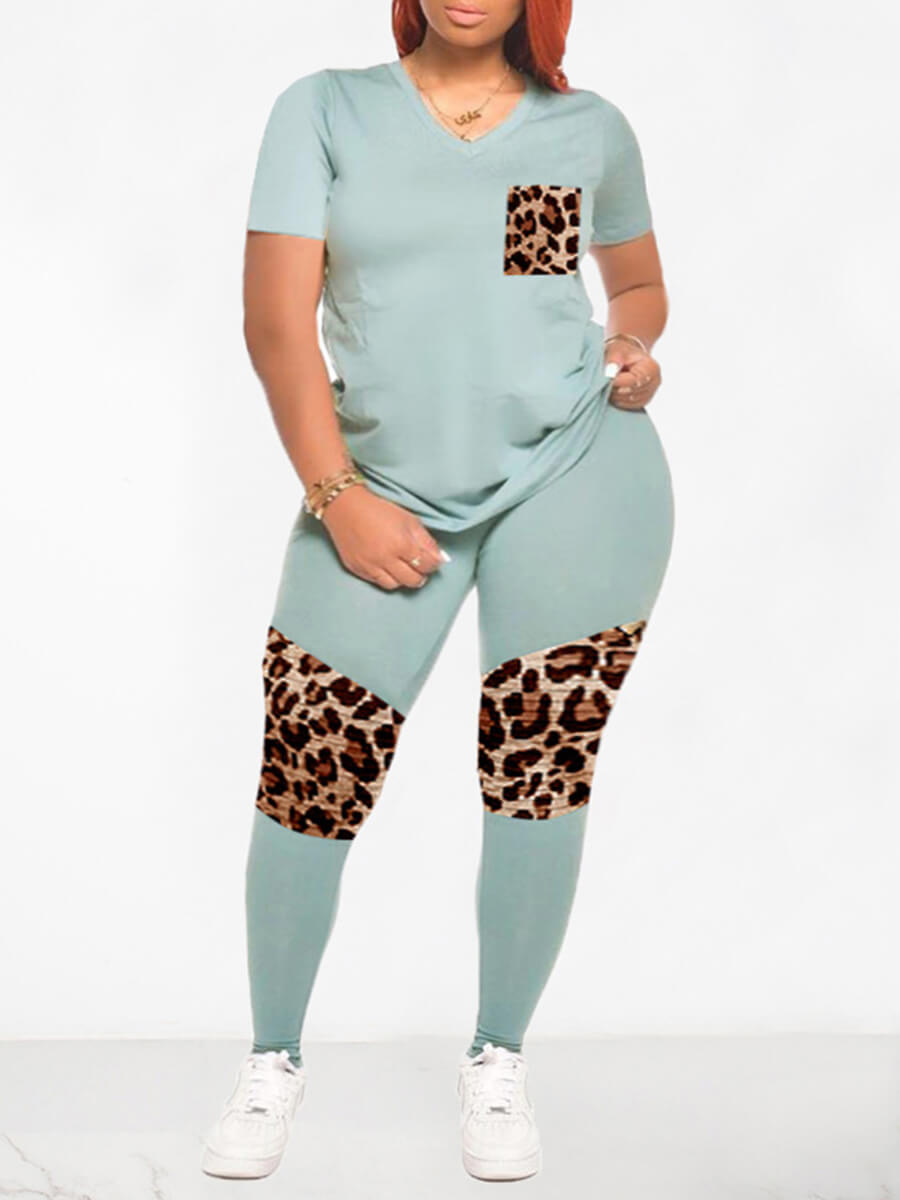 

Lovely Casual V Neck Leopard Print Patchwork Baby Blue Plus Size Two-piece Pants Set