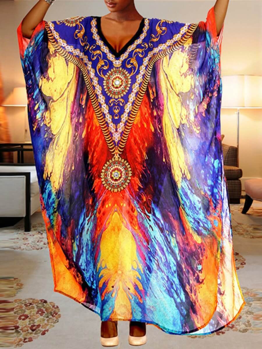 

Lovely Ethnic V Neck Print Tie-dye Multicolor Floor Length Dress, Multi