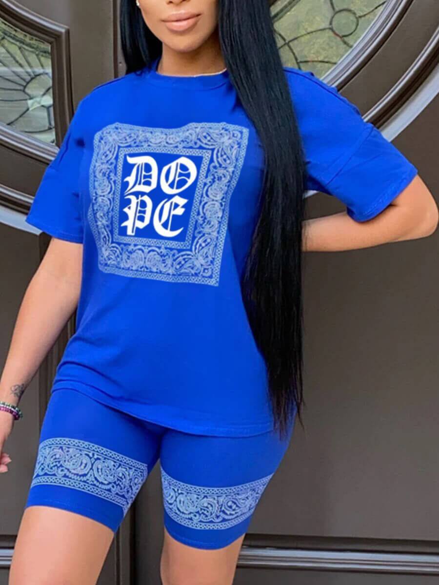 

LW Round Neck Letter Print Patchwork Shorts Set, Blue