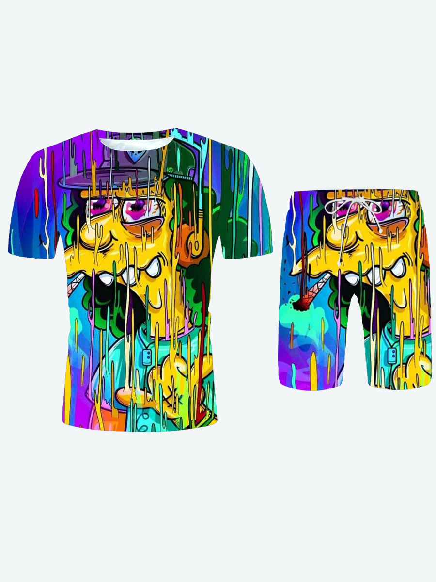 

LW Men Graffiti Cartoon Print Shorts Set, Multi