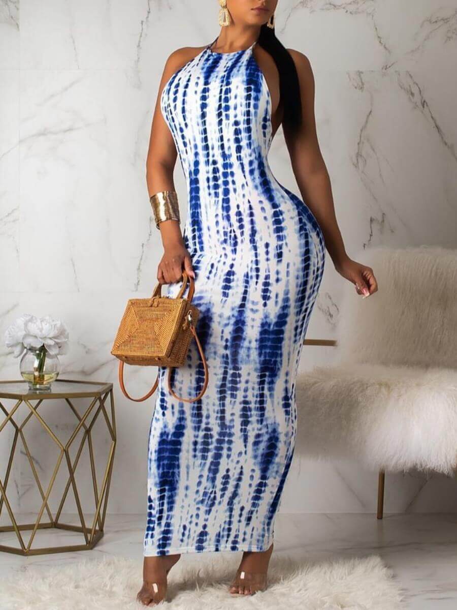 

Lovely Elegant Backless Tie-dye White Ankle Length Dress