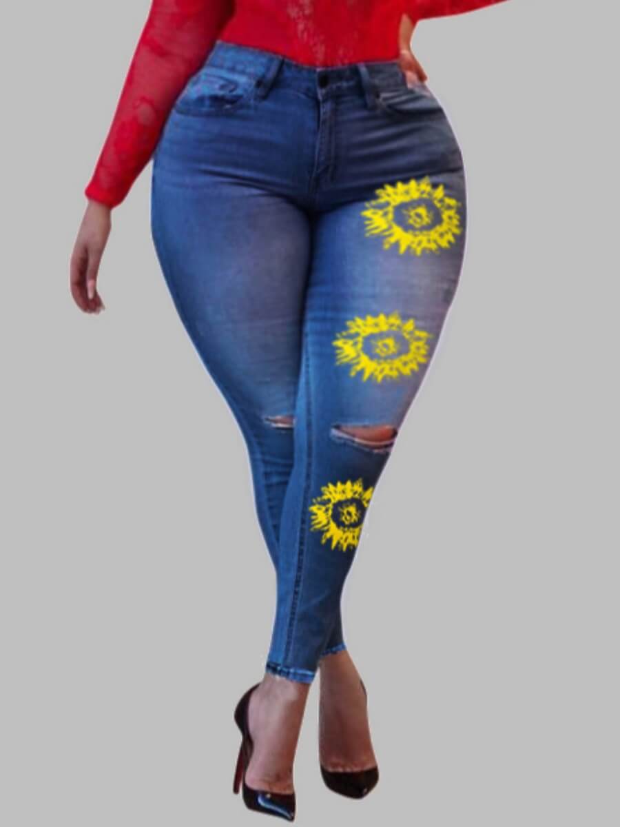 

Lovely Casual Floral Print Broken Holes Deep Blue Plus Size Jeans