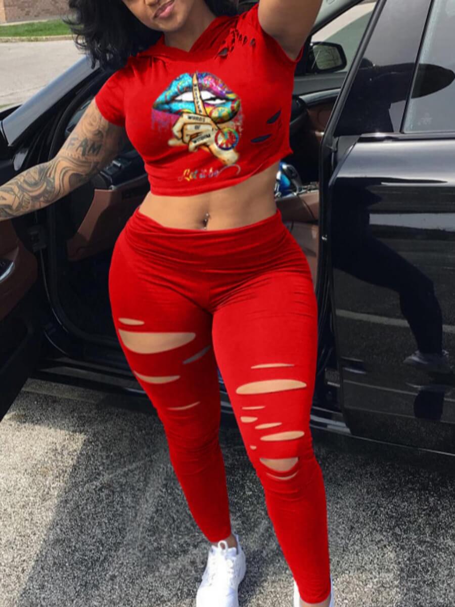 

Lovely Casual Lip Print Broken Holes Red Plus Size Two-piece Pants Set