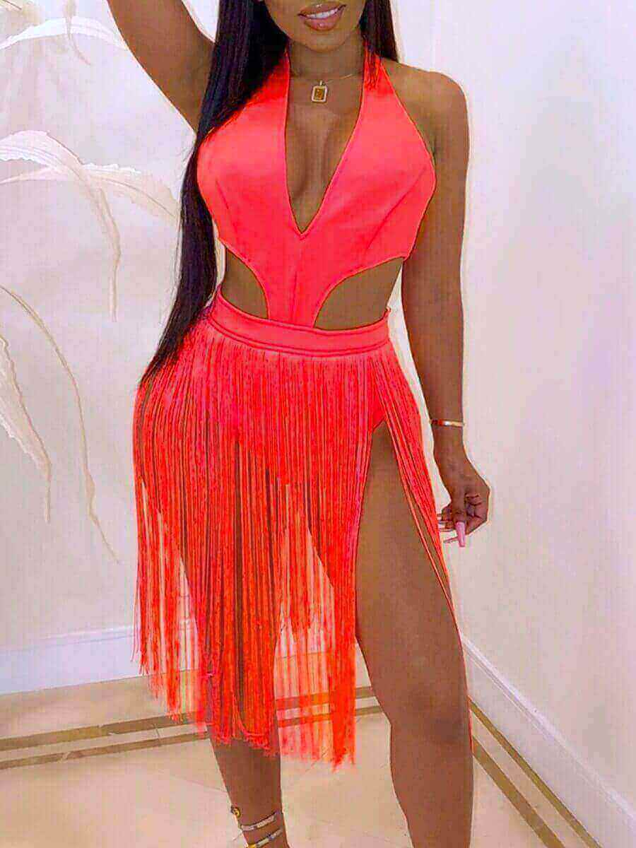 

LW Casual V Neck Tassel Design Hollow-out Red Cover-up