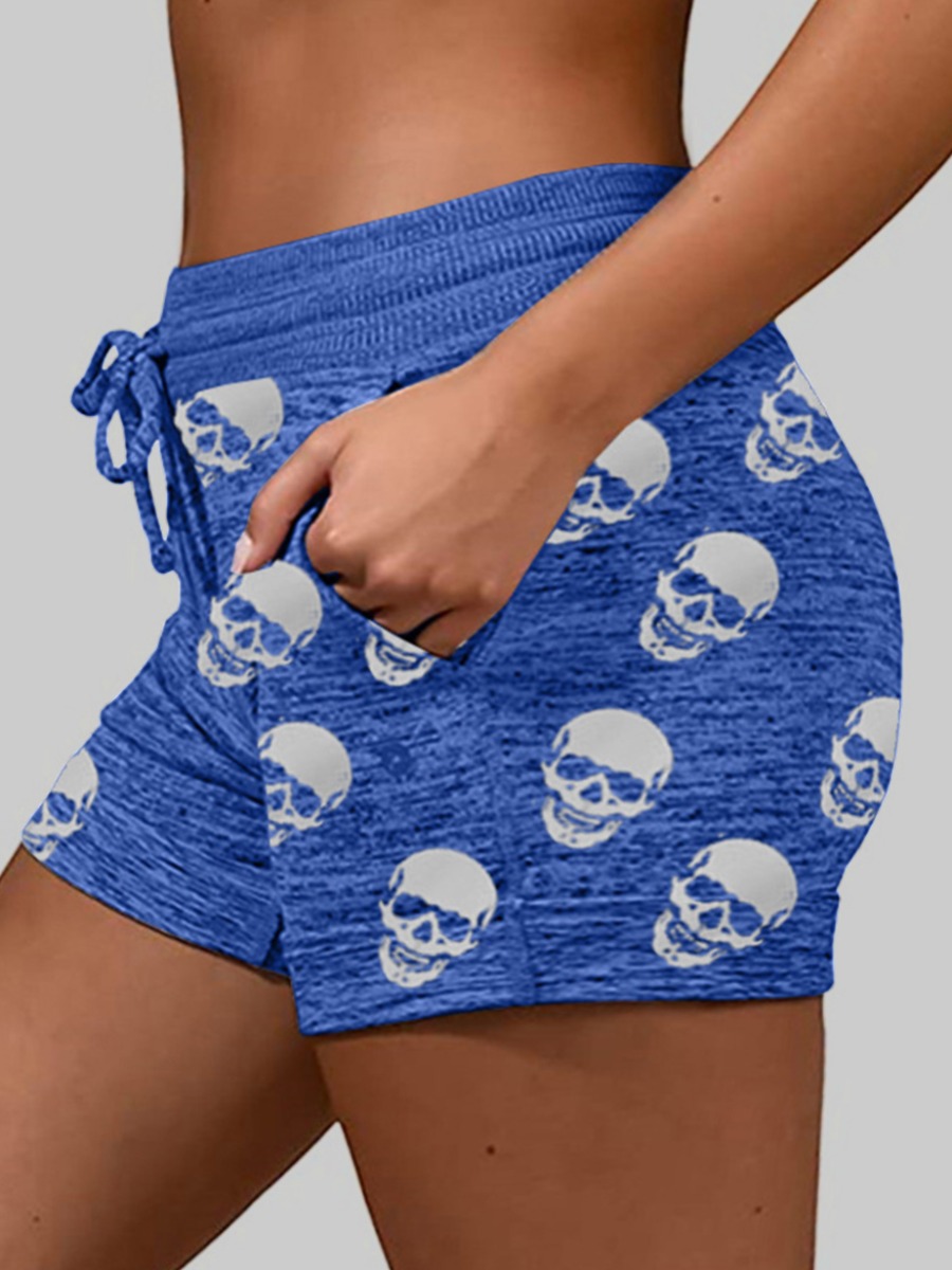 

Lovely Casual Skull Print Drawstring Blue Plus Size Shorts