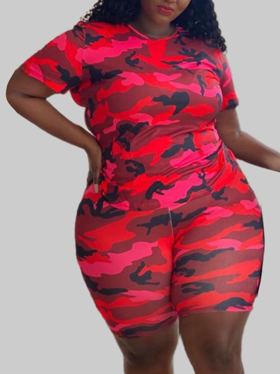 

Lovely Trendy O Neck Camo Print Red Plus Size Two-piece Shorts Set