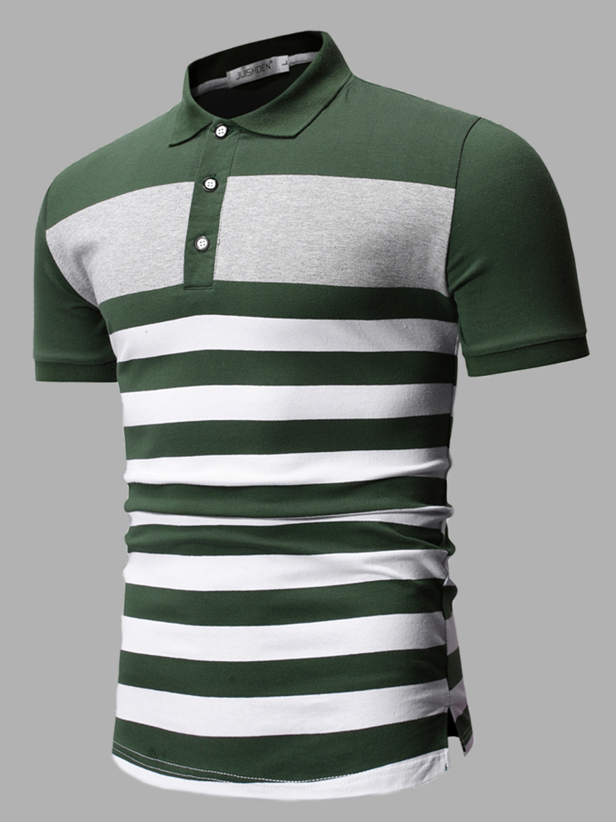 

Lovely Trendy Striped Patchwork Green Men Polo