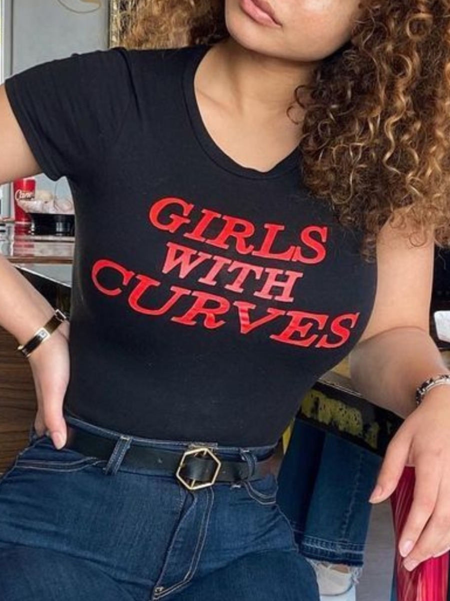 

Lovely Street O Neck Letter Print Black Plus Size T-shirt