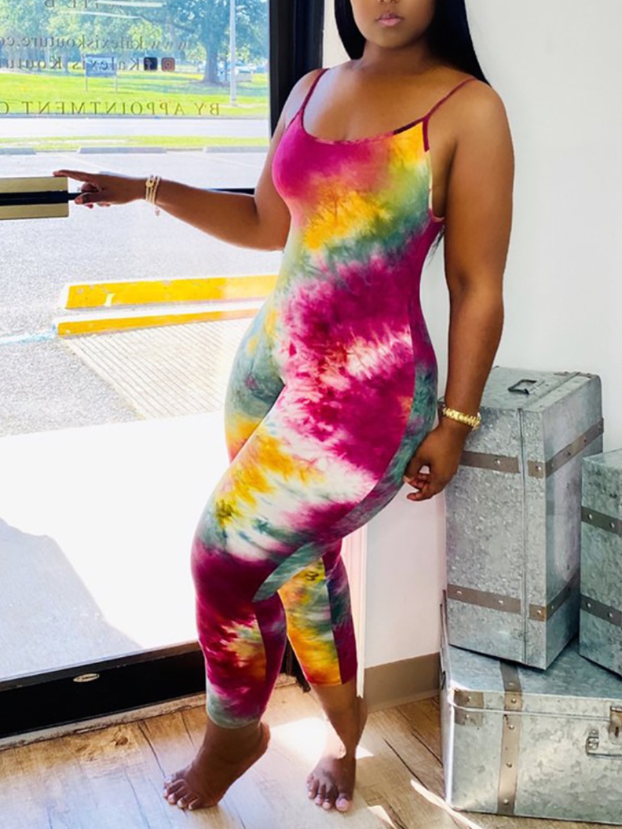 

LW BASICS Plus Size Street U Neck Tie-dye Rose Red One-piece Jumpsuit