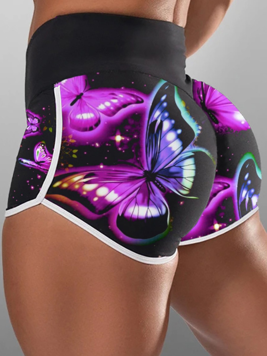 

Lovely Sportswear Butterfly Print Ruched Black Shorts