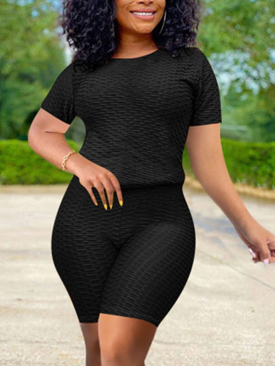 

LW Sportswear O Neck Elastic Black Yoga Two Piece Shorts Set