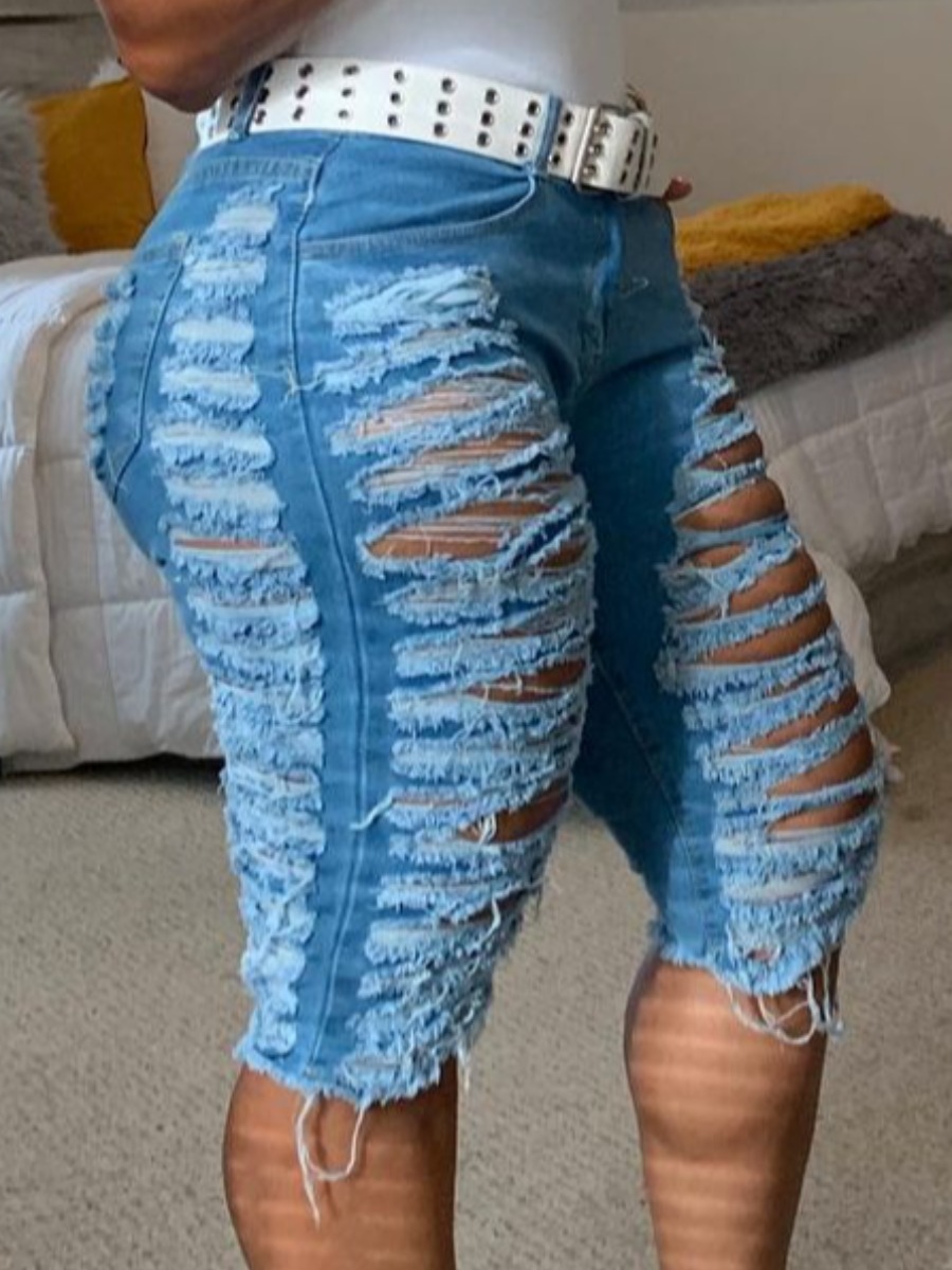 

Lovely Street High-waisted Ripped Raw Edge Blue Denim Shorts
