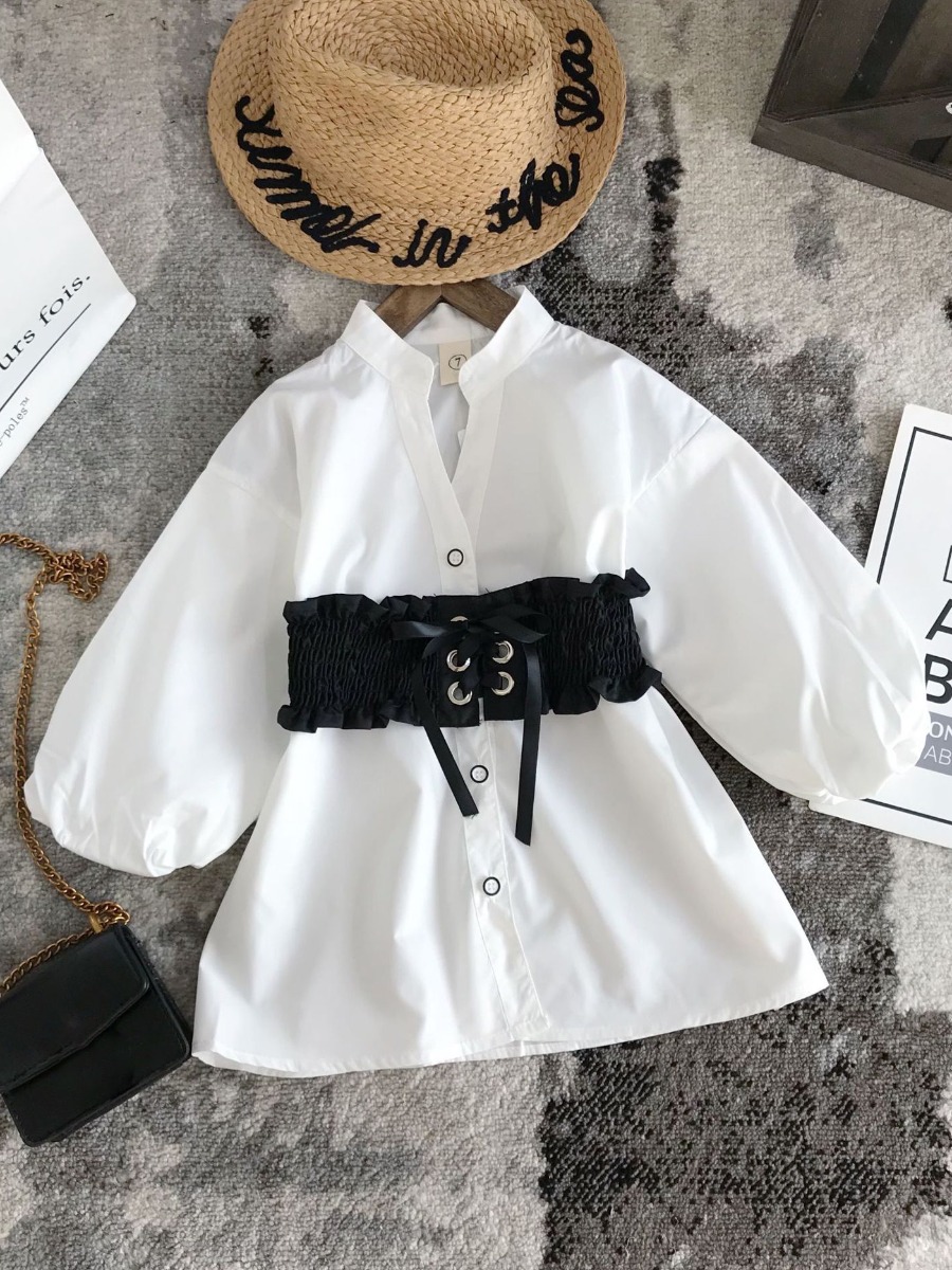 

Lovely Casual Dropped Shoulder Button Design White Girl Blouse