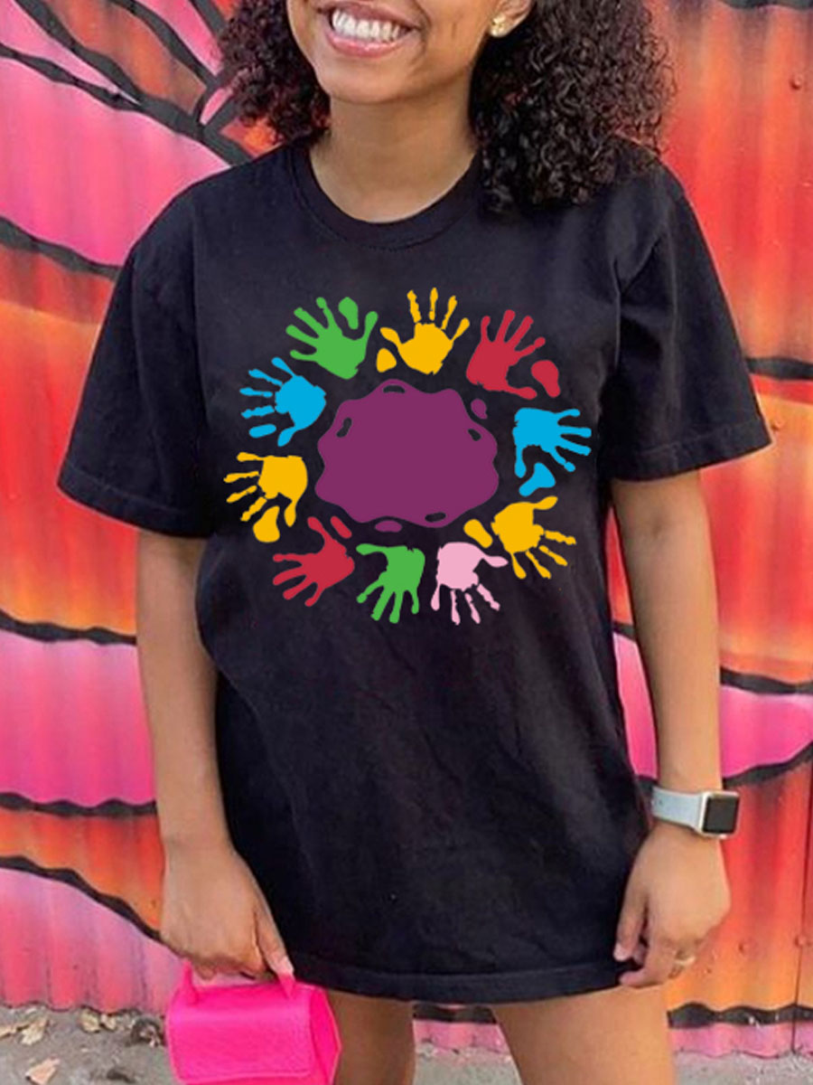 LW Casual Palm Print Patchwork Black T-shirt