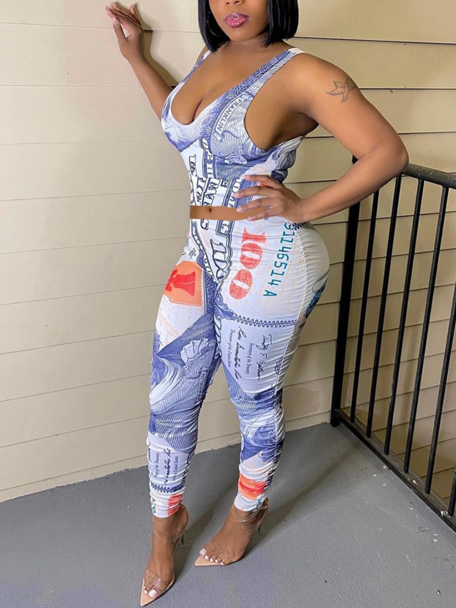 

Lovely Trendy Money Letter Print White Two Piece Pants Set