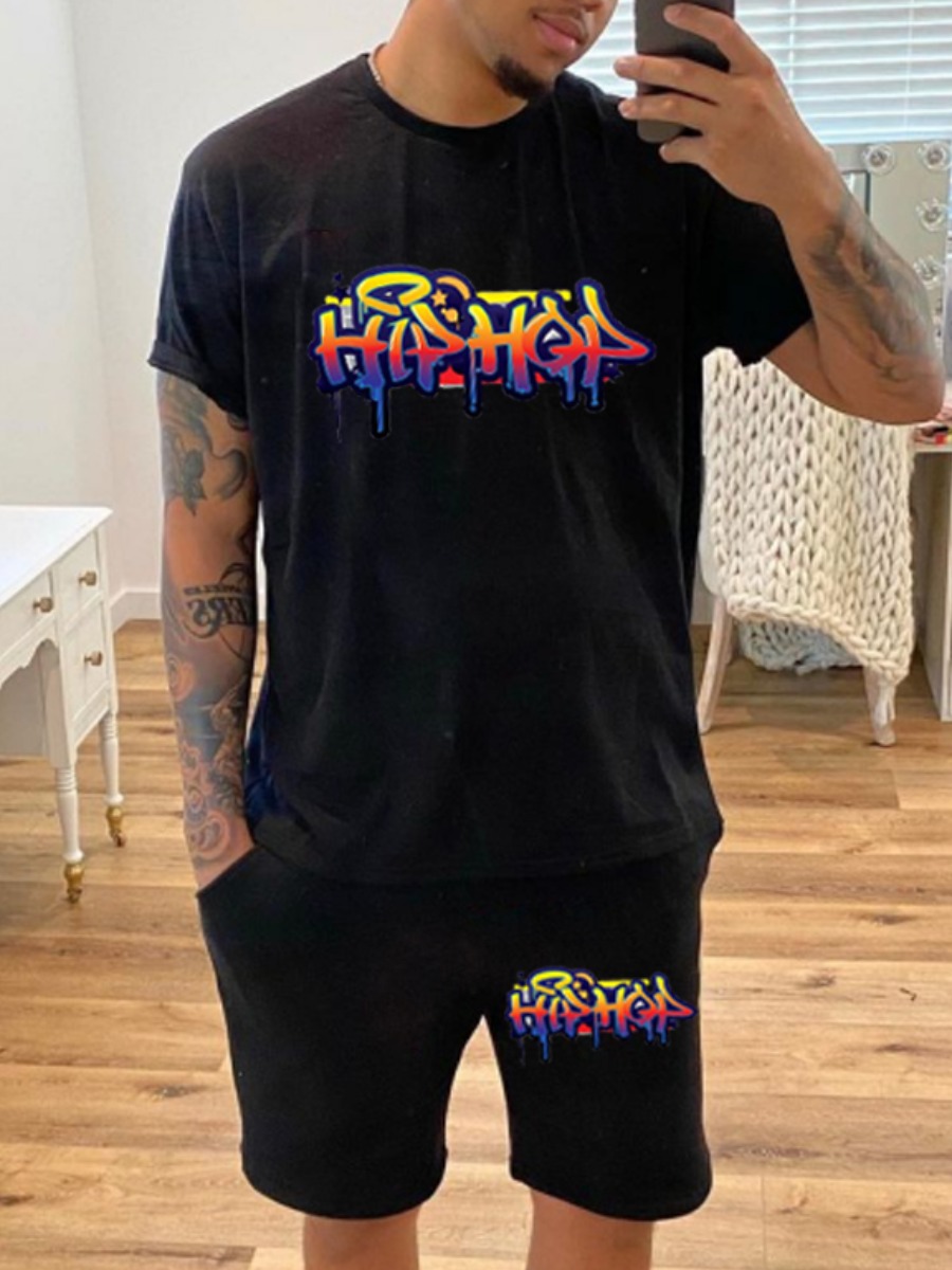 

Lovely Casual O Neck Letter Print Black Men Two Piece Shorts Set