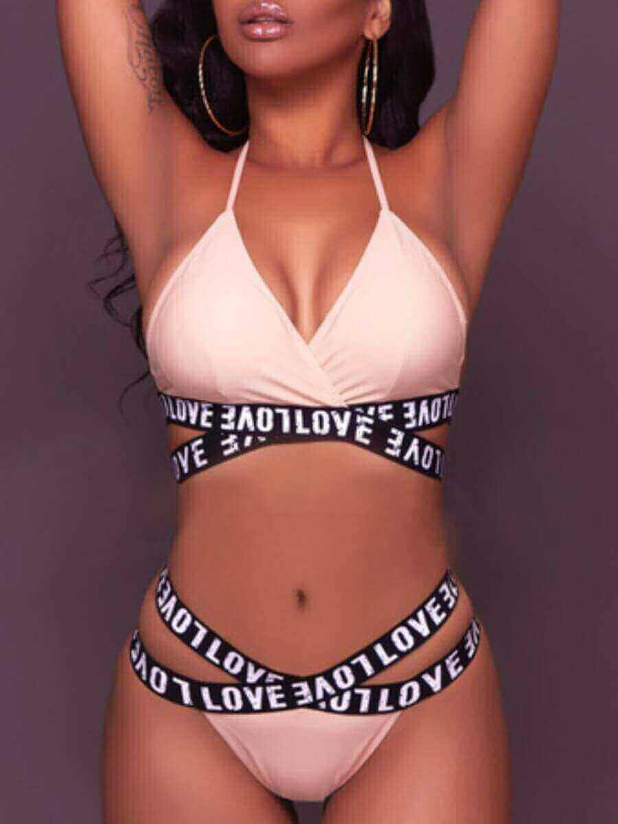 

Lovely Sweet Letter Print Patchwork Pink Bra Sets