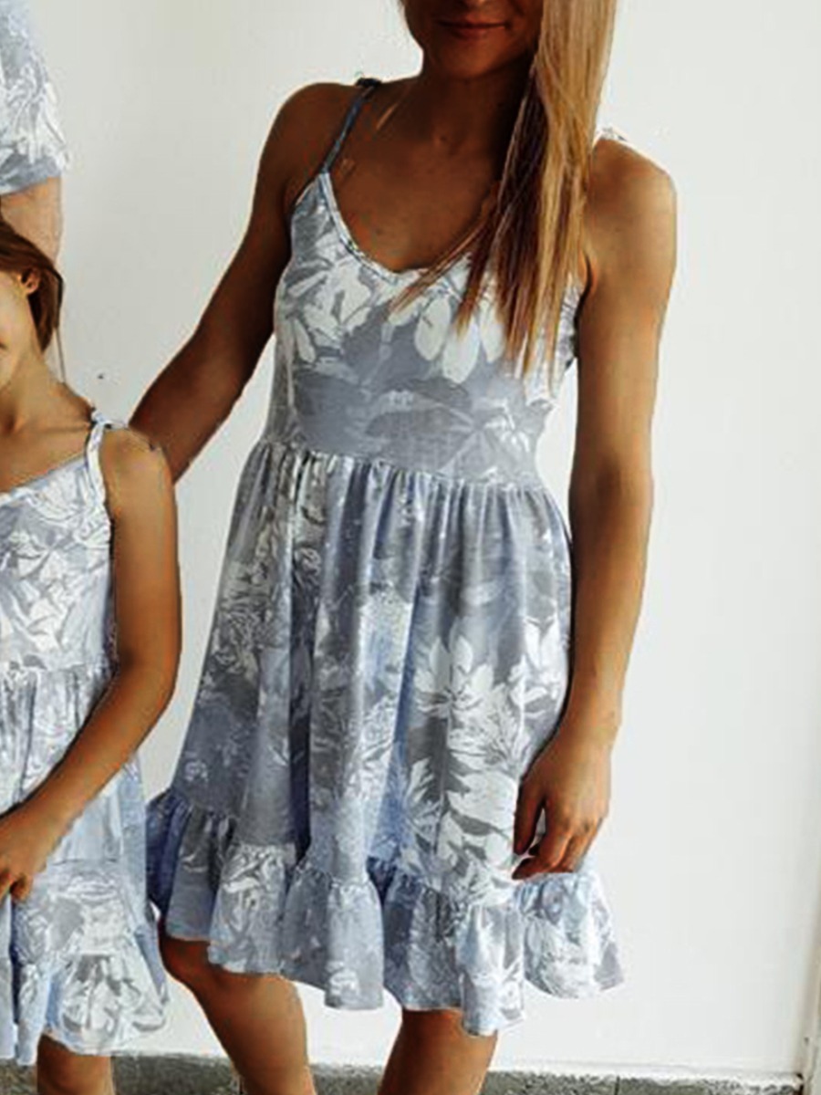 

Lovely Trendy Floral Print Flounce Design Mom Knee Length Dress, Women