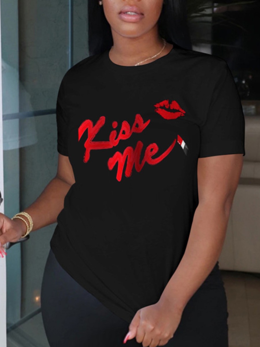 

Lovely Street O Neck Letter Print Black Plus Size T-shirt