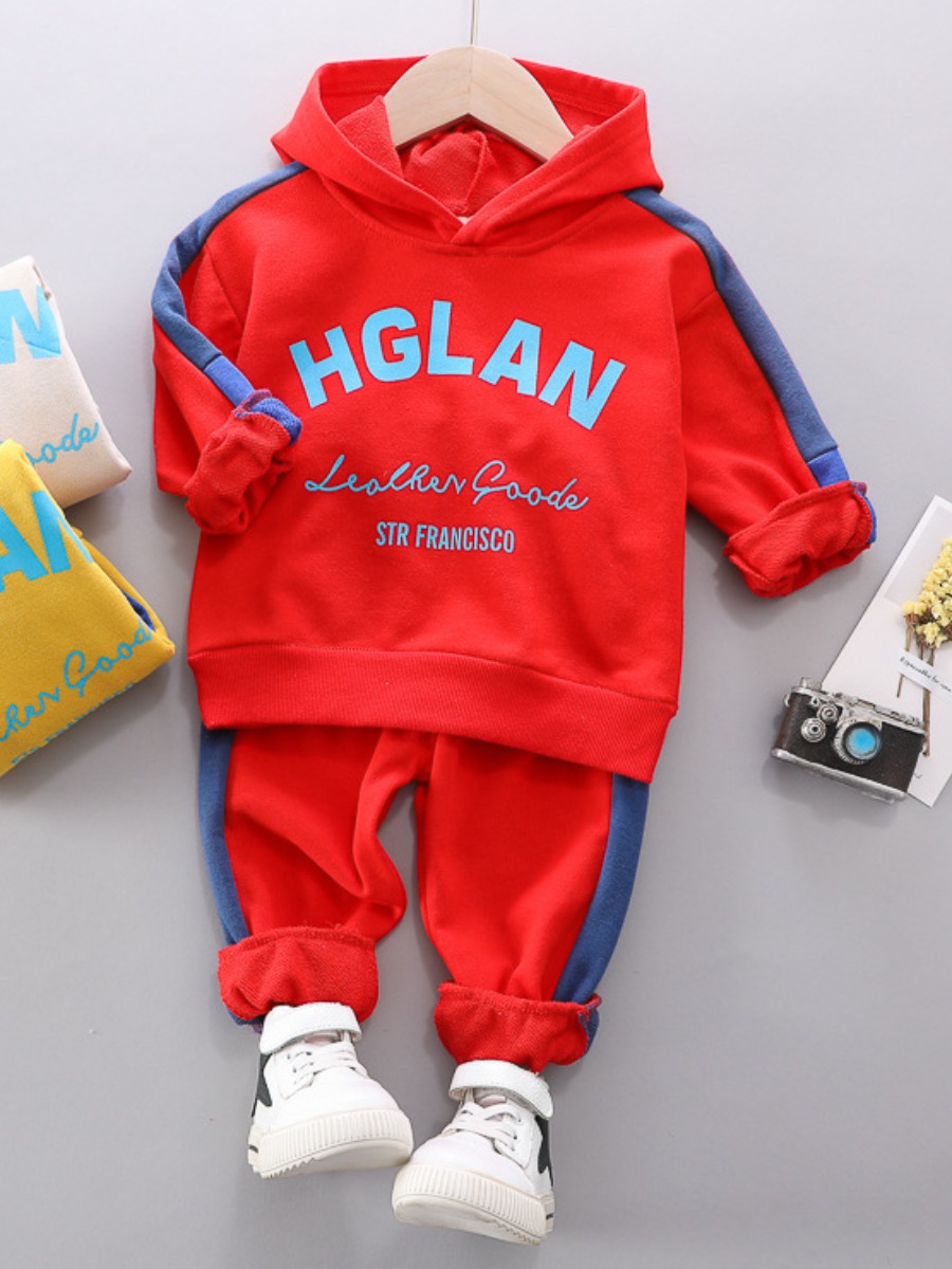 

Lovely Sporty Hooded Collar Letter Print Striped Red Boy Two Piece Pants Set