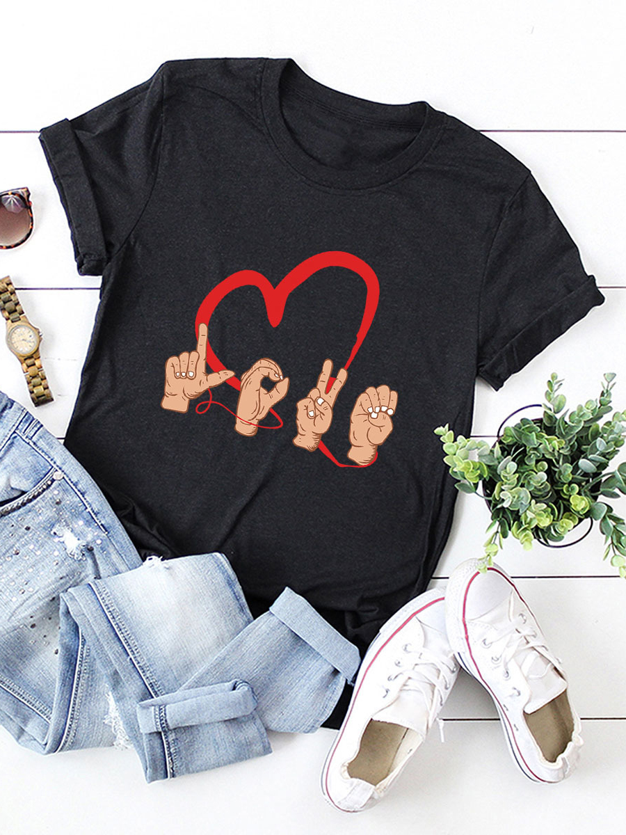 

Lovely Street O Neck Heart-shaped Print Wine Red Plus Size T-shirt