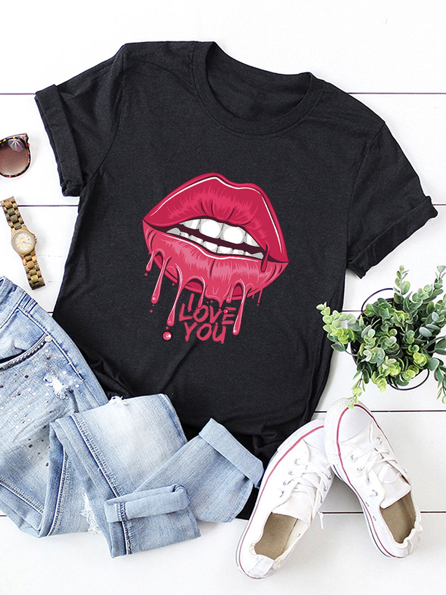 

Lovely Street O Neck Lip Print Black Plus Size T-shirt