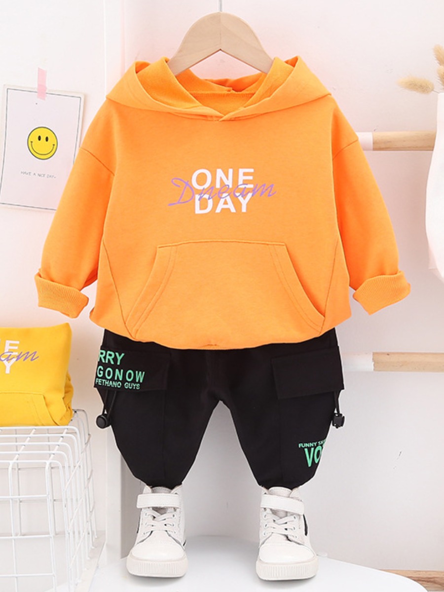 

Lovely Sporty Hooded Collar Letter Print Orange Boy Two Piece Pants Set