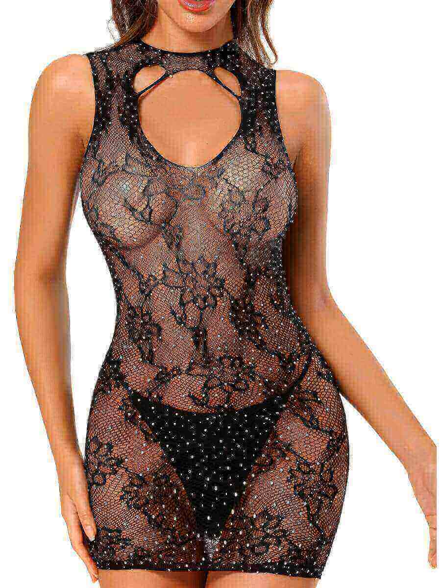 

Lovely Sexy Sequined See-through Black Babydoll
