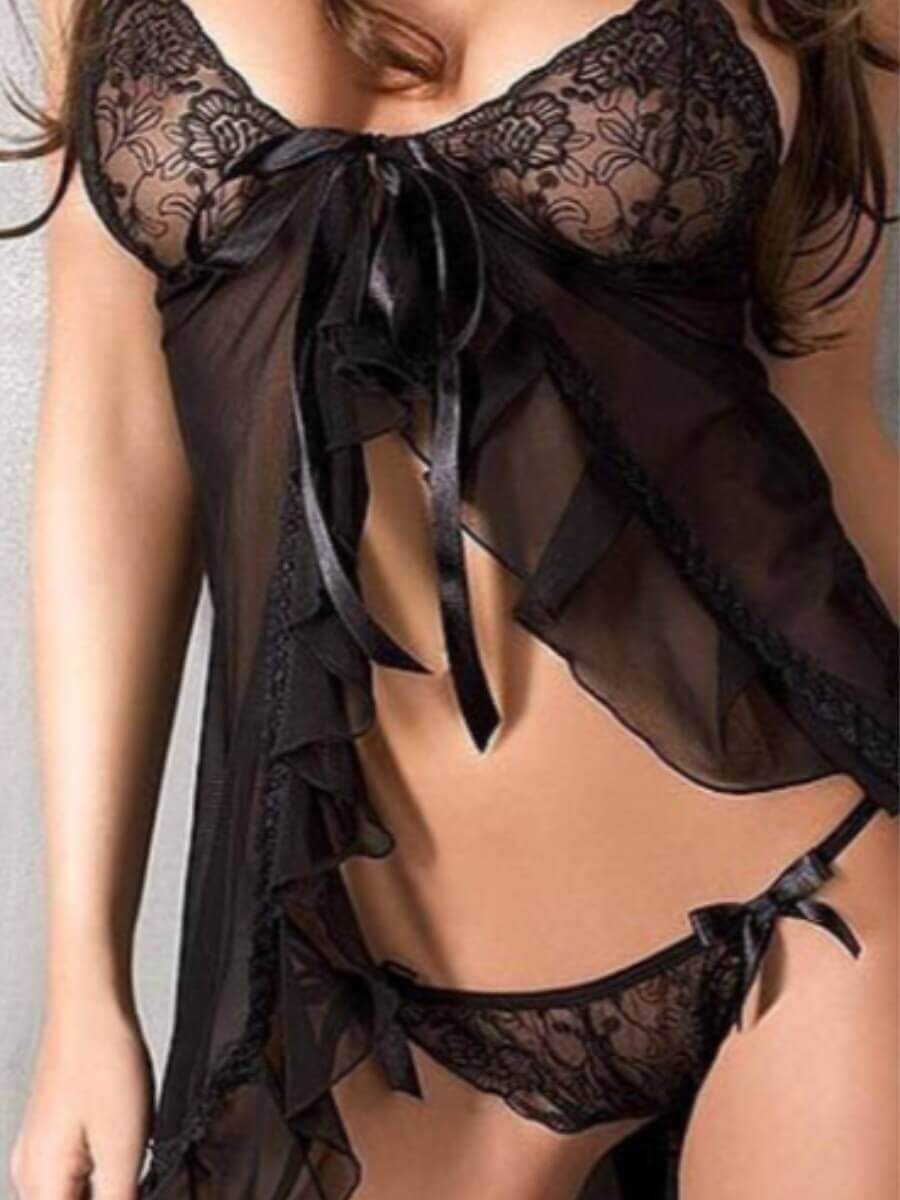 

Lovely Sexy Flounce Design See-through Bow-tie Decoration Black Babydoll